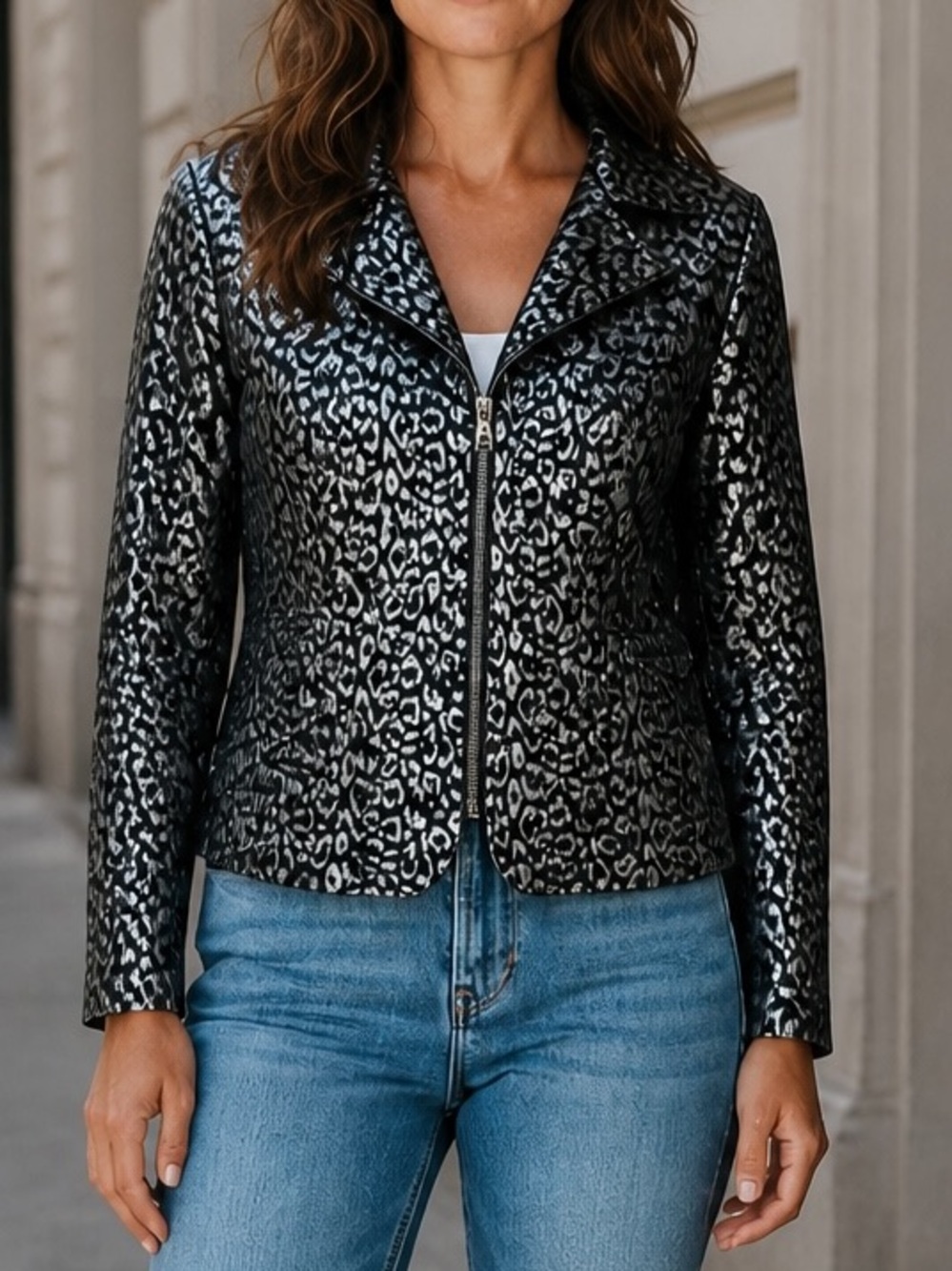 Pamela McCoy Black and Gray Animal Leopard Print Leather Metallic Blazer Sz L